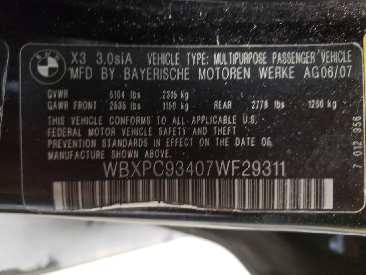 Photo 10 from auction – 2007 BMW X3 3.0SI with VIN WBXPC93407WF29311