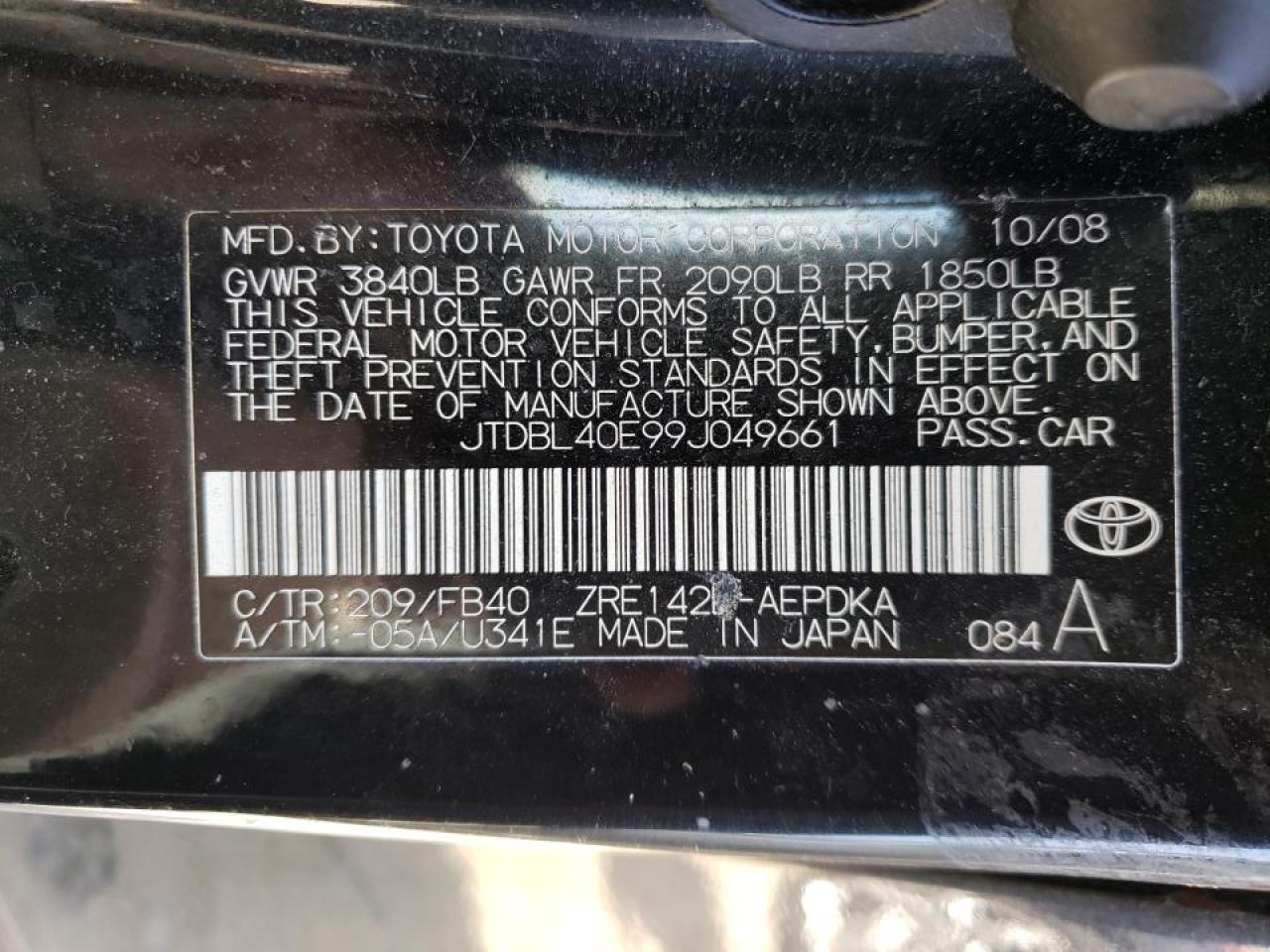 Photo 10 from auction – 2009 TOYOTA COROLLA BA with VIN JTDBL40E99J049661