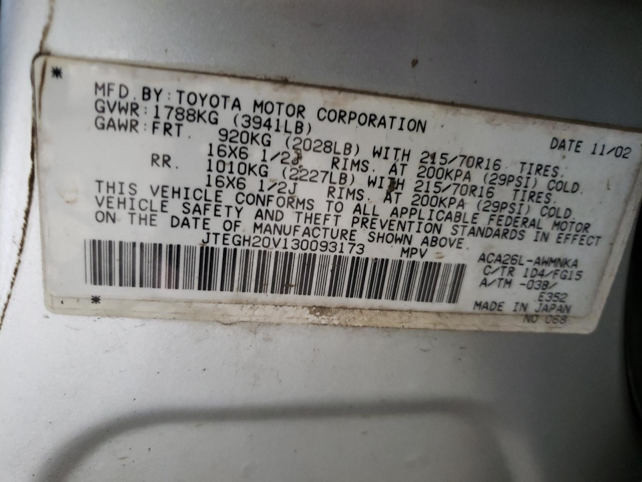 Photo 10 from auction – 2003 TOYOTA RAV4 with VIN JTEGH20V130093173