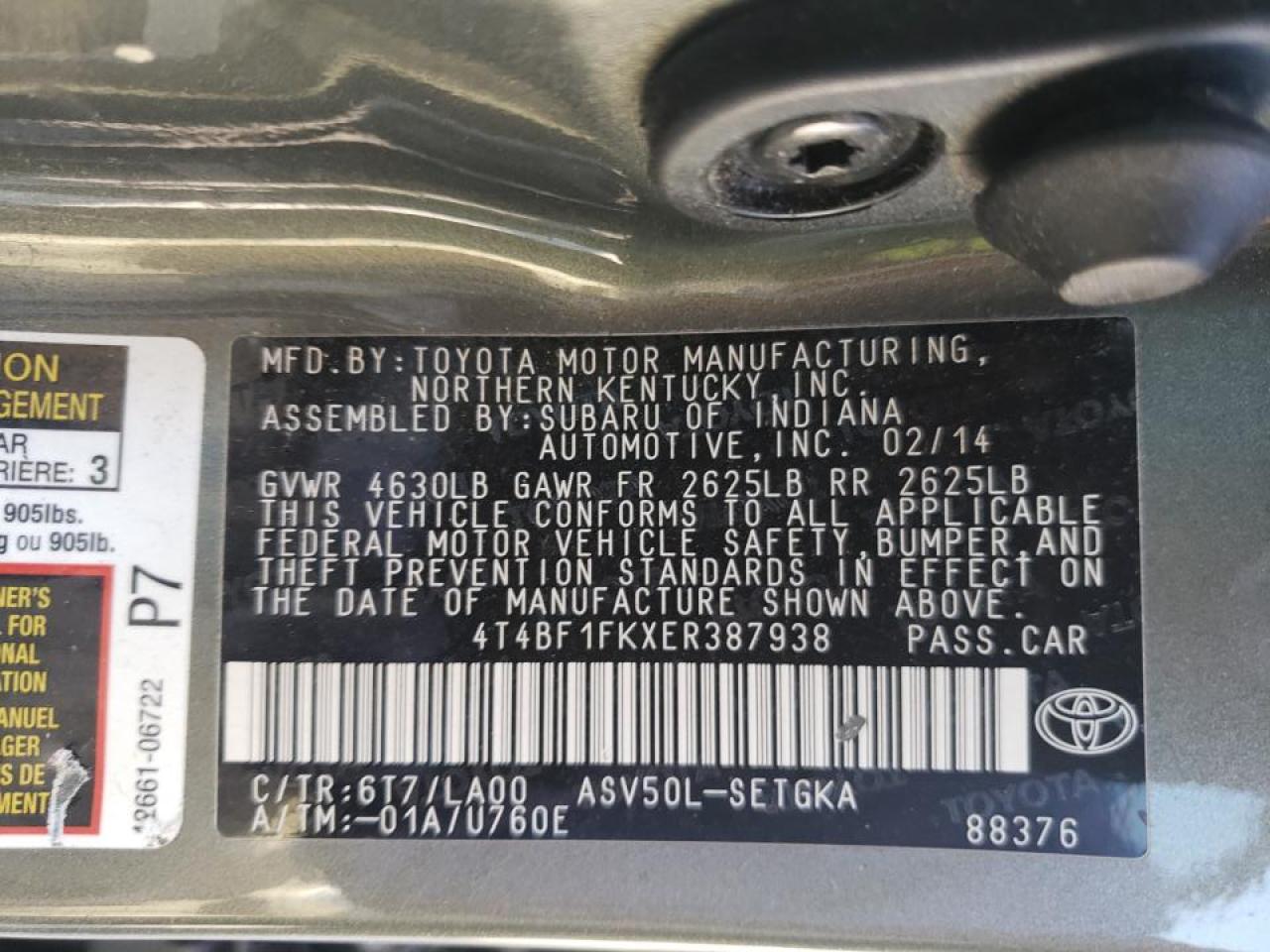 Photo 10 from auction – 2014 TOYOTA CAMRY L with VIN 4T4BF1FKXER387938