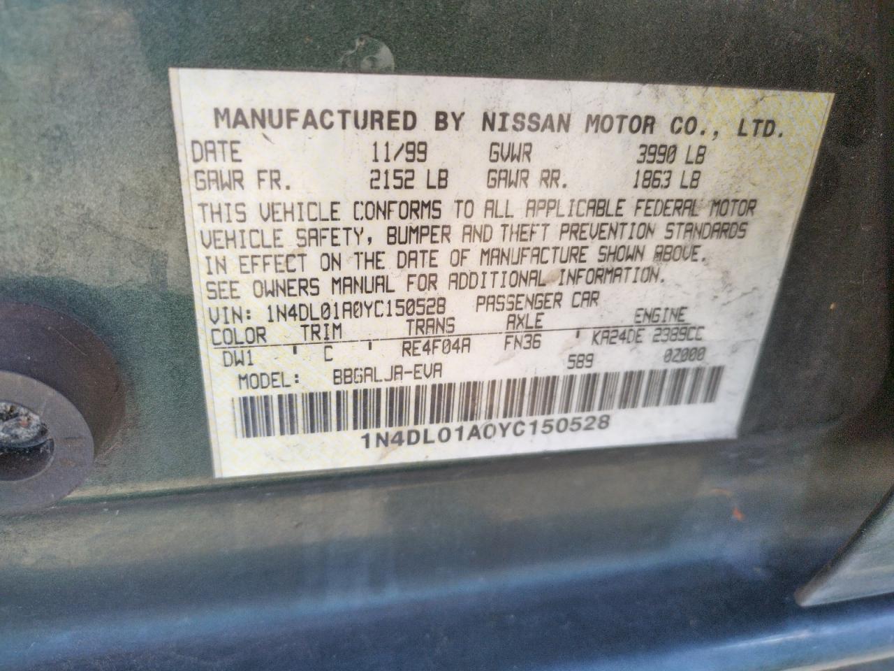 Photo 10 from auction – 2000 NISSAN ALTIMA XE with VIN 1N4DL01A0YC150528