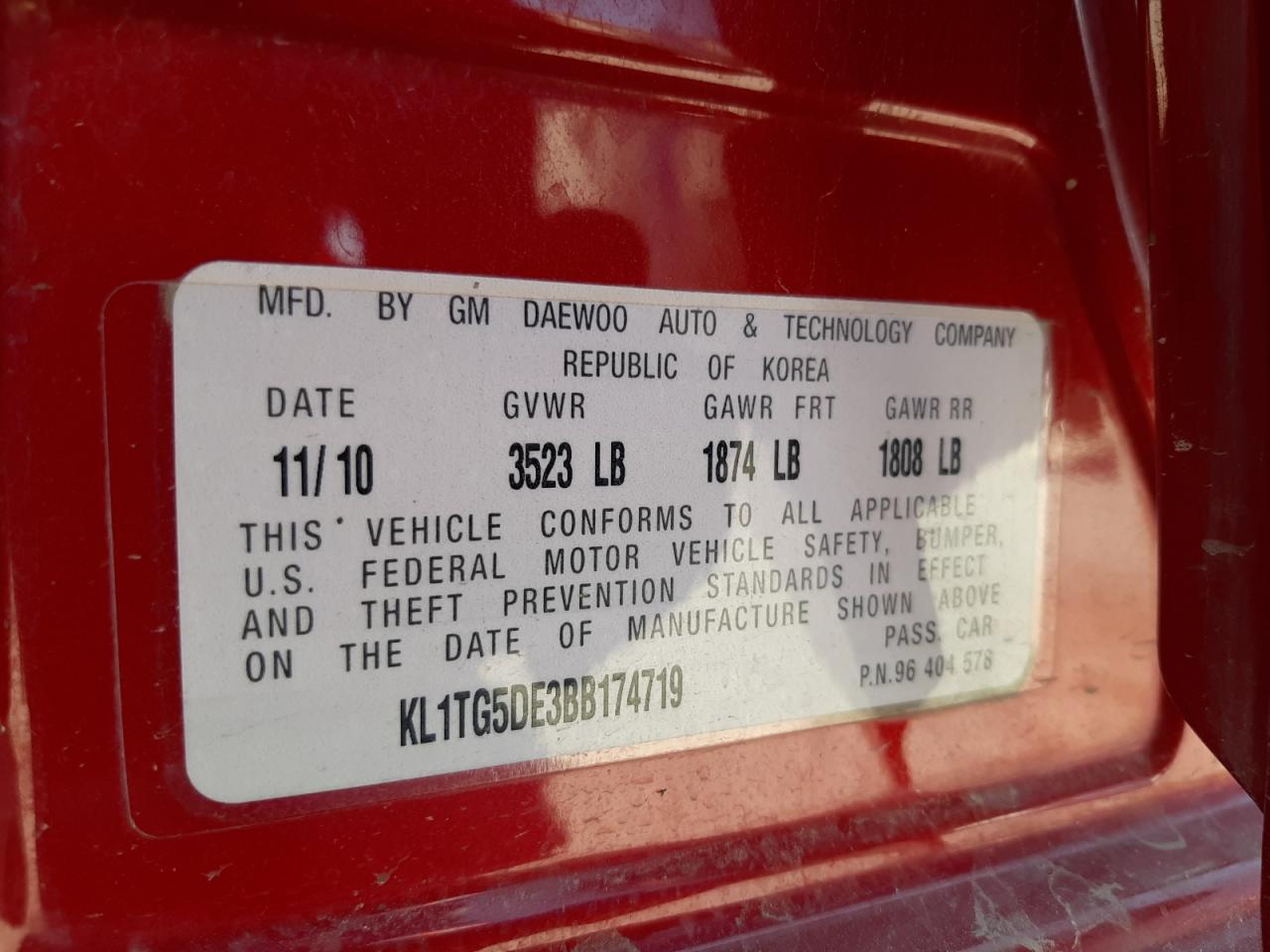 Фото 10 с аукциона – 2011 CHEVROLET AVEO LT с VIN KL1TG5DE3BB174719