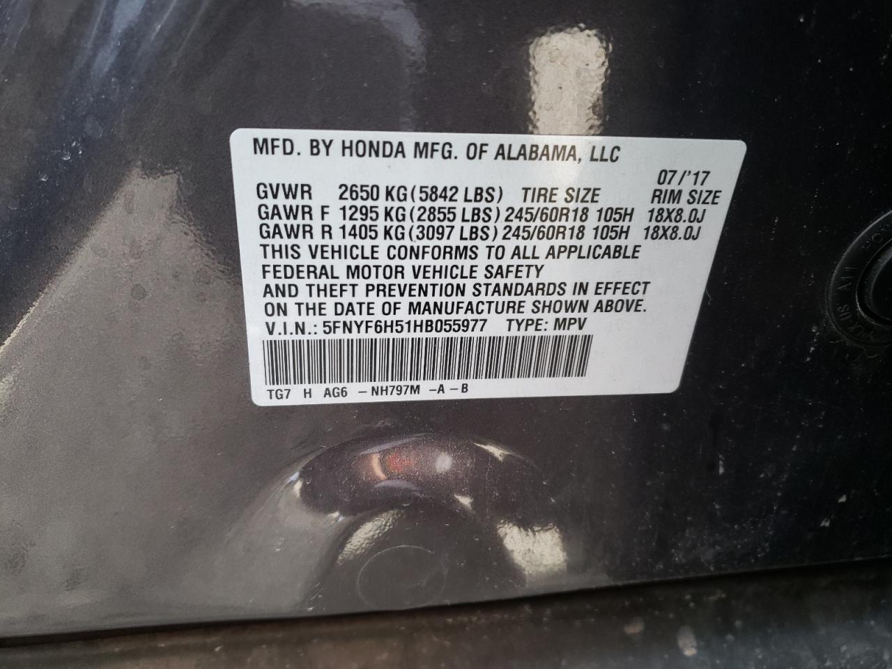 Photo 10 from auction – 2017 HONDA PILOT EXL with VIN 5FNYF6H51HB055977