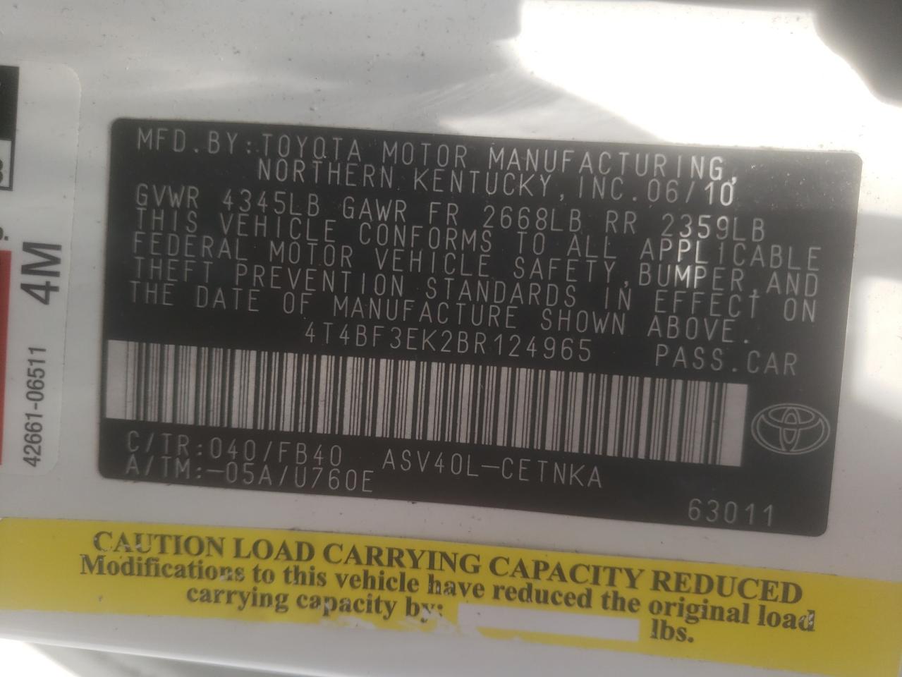Photo 10 from auction – 2011 TOYOTA CAMRY BASE with VIN 4T4BF3EK2BR124965