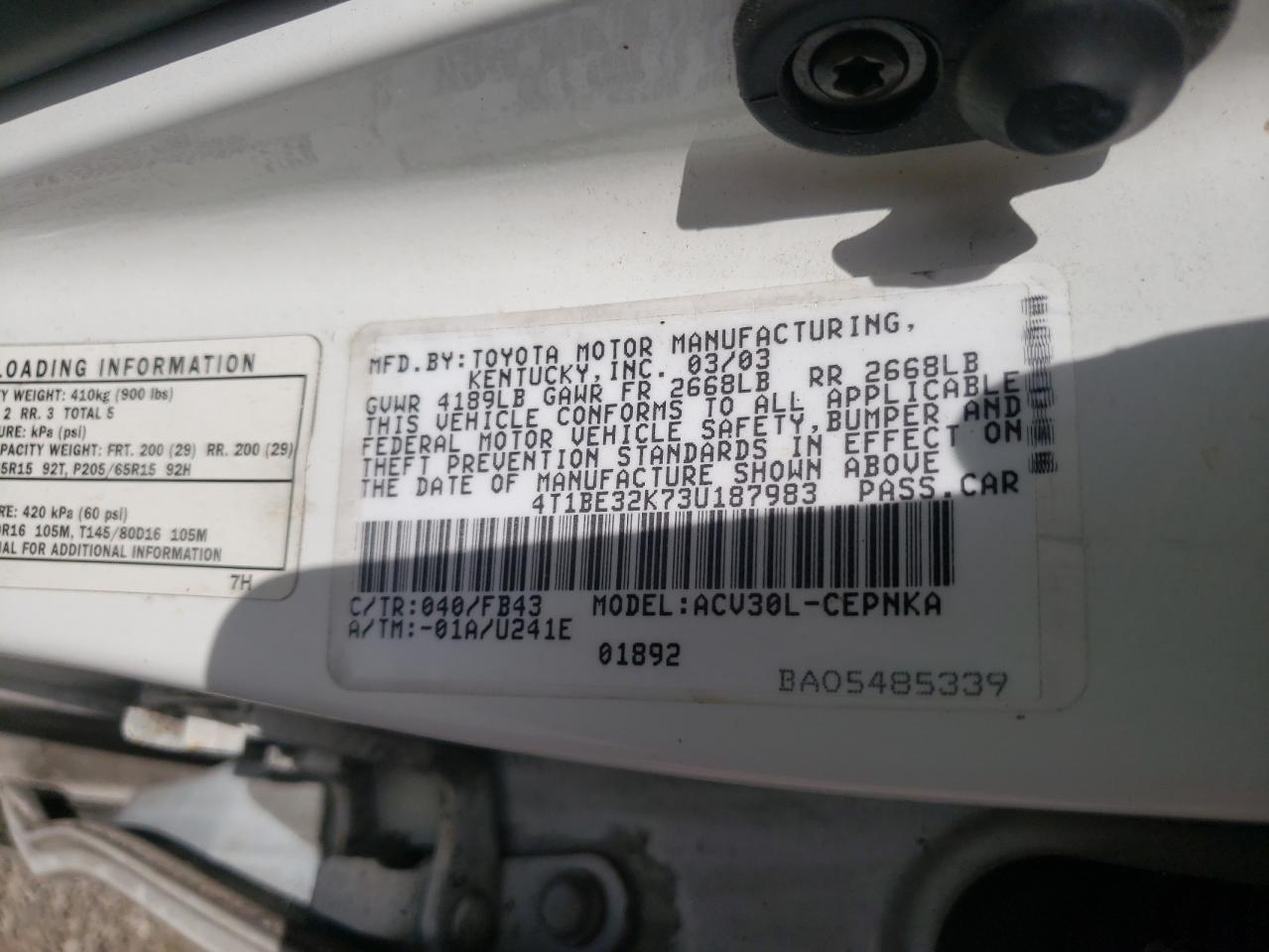 Photo 10 from auction – 2003 TOYOTA CAMRY LE with VIN 4T1BE32K73U187983