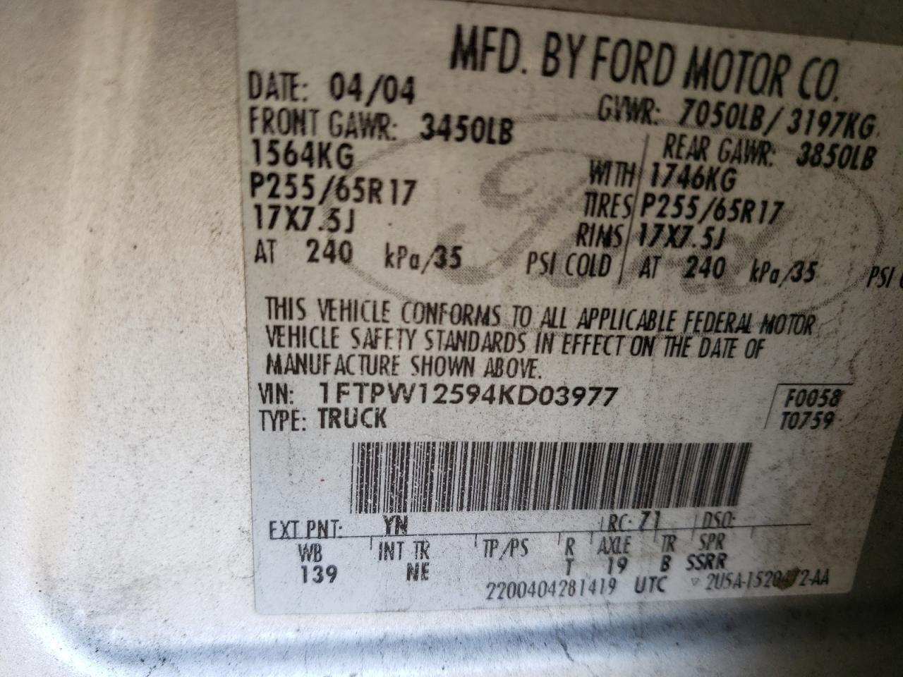 Photo 10 from auction – 2004 FORD F150 SUPER with VIN 1FTPW12594KD03977