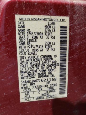Photo 10 from auction – 2007 NISSAN PATHFINDER with VIN 5N1AR18W07C621168
