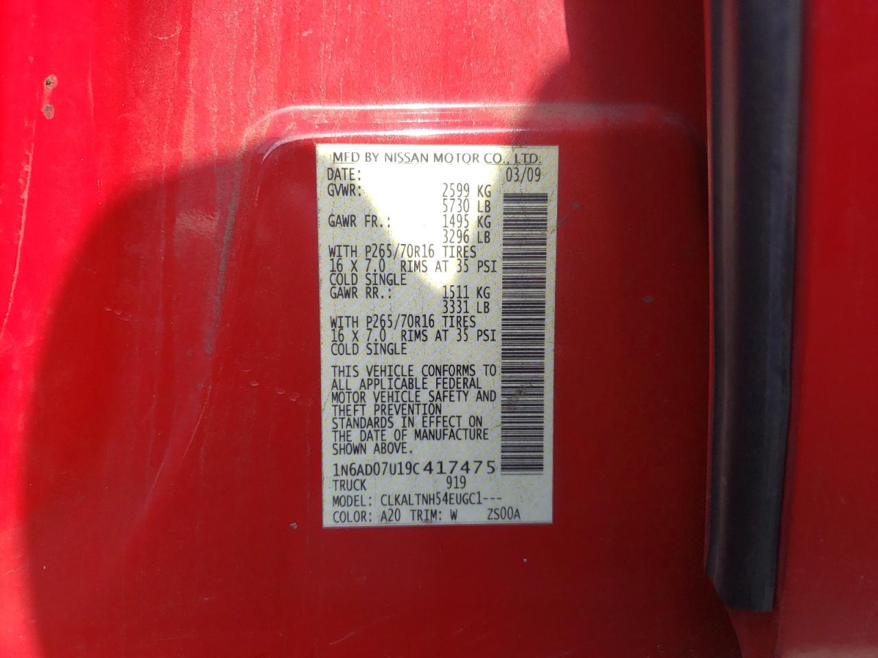 Photo 10 from auction – 2009 NISSAN FRONTIER C with VIN 1N6AD07U19C417475