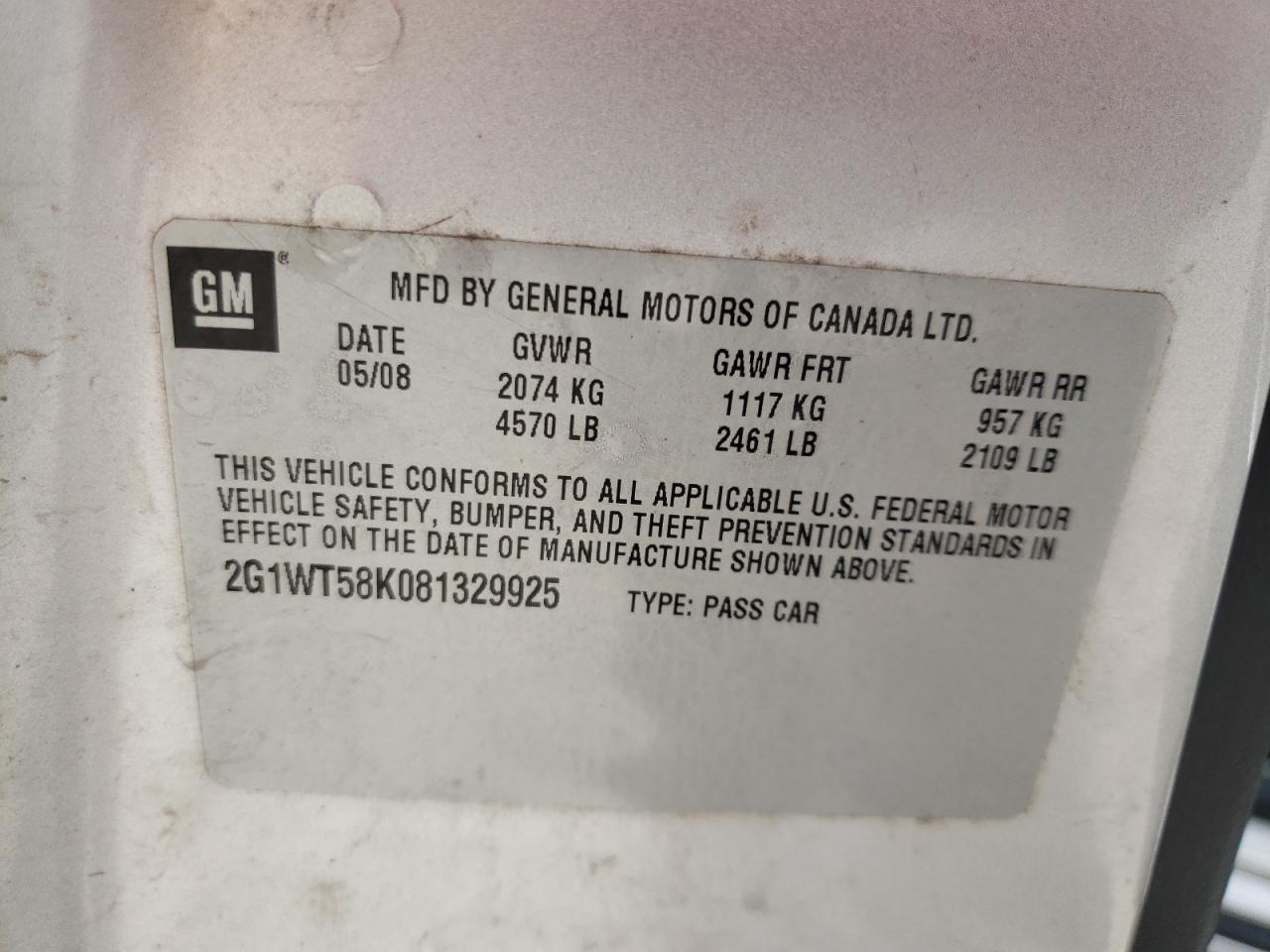 Photo 10 from auction – 2008 CHEVROLET IMPALA LT with VIN 2G1WT58K081329925