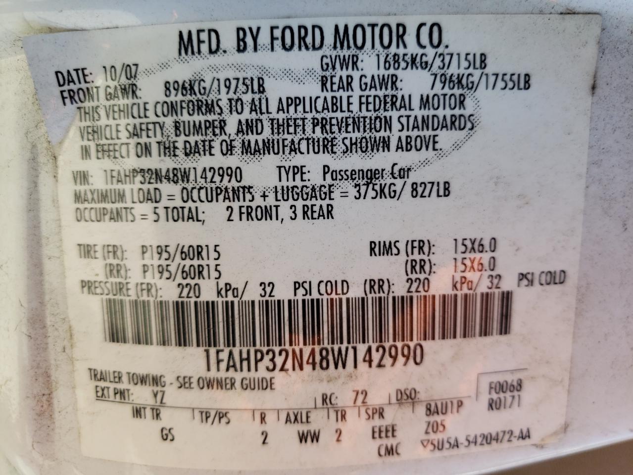 Photo 10 from auction – 2008 FORD FOCUS S/SE with VIN 1FAHP32N48W142990