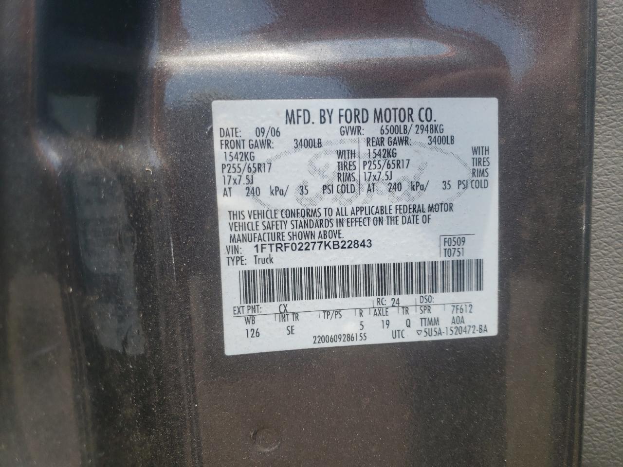 Photo 10 from auction – 2007 FORD F150 with VIN 1FTRF02277KB22843