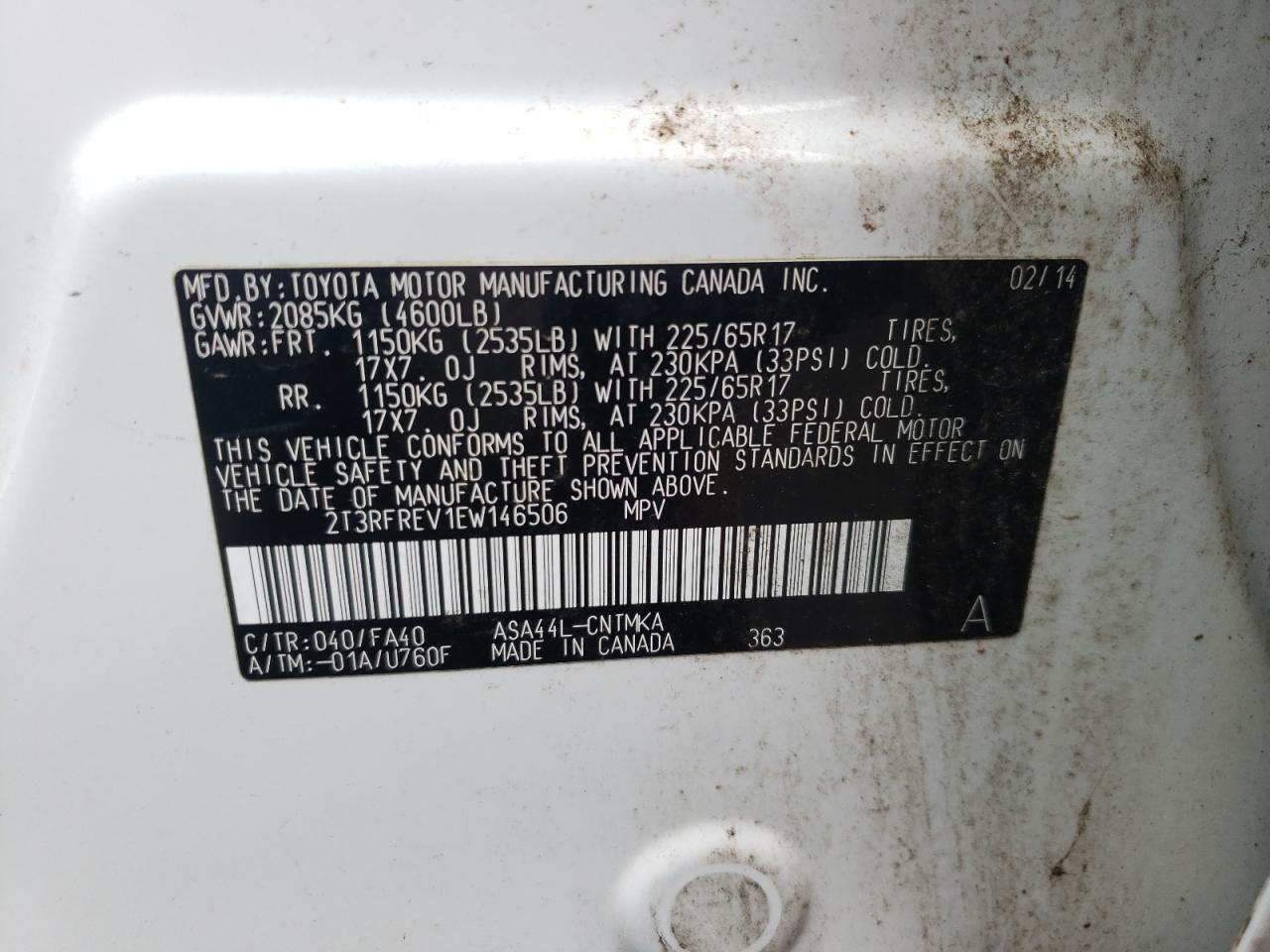 Photo 10 from auction – 2014 TOYOTA RAV4 XLE with VIN 2T3RFREV1EW146506