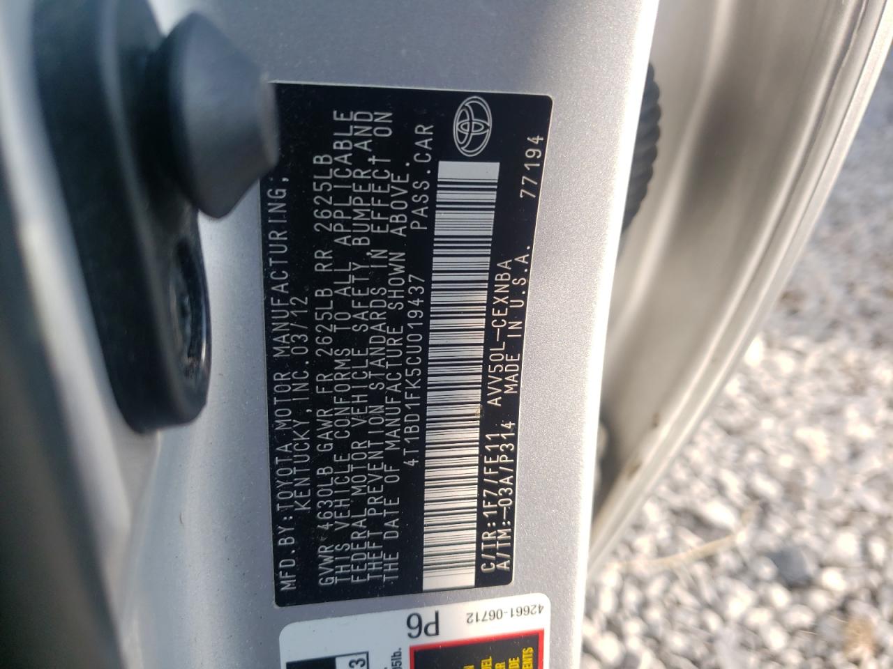 Photo 10 from auction – 2012 TOYOTA CAMRY HYBR with VIN 4T1BD1FK5CU019437