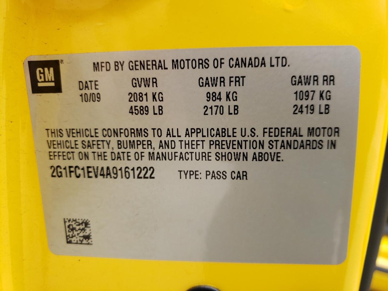 Photo 10 from auction – 2010 CHEVROLET CAMARO LT with VIN 2G1FC1EV4A9161222