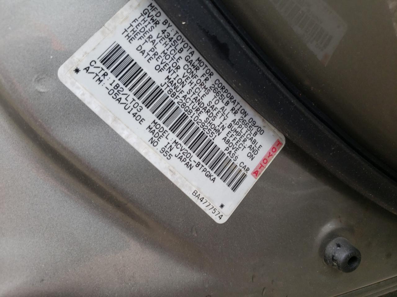 Photo 10 from auction – 2001 LEXUS ES 300 with VIN JT8BF28G810292551