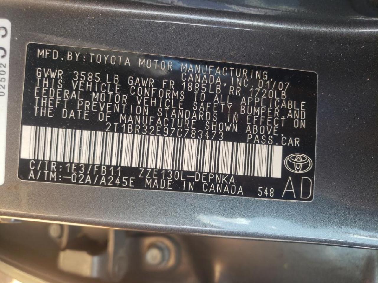 Photo 10 from auction – 2007 TOYOTA COROLLA CE with VIN 2T1BR32E97C783473