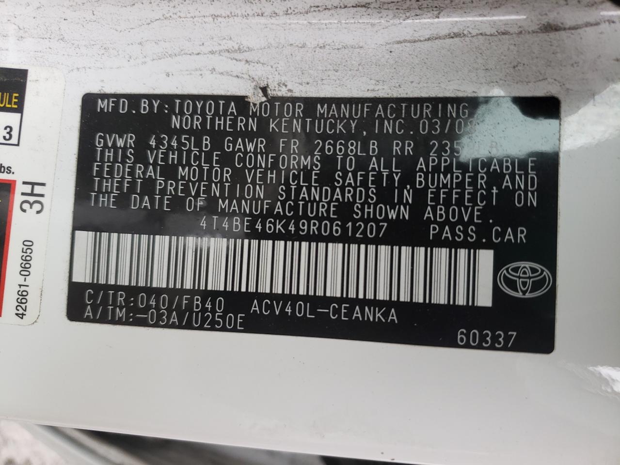 Photo 10 from auction – 2009 TOYOTA CAMRY BASE with VIN 4T4BE46K49R061207