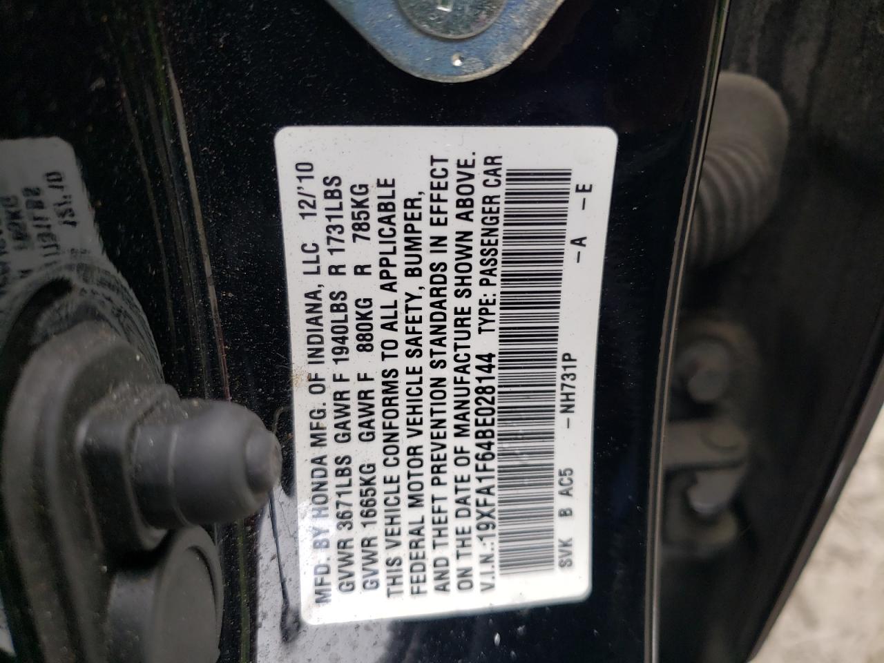 Photo 10 from auction – 2011 HONDA CIVIC LX-S with VIN 19XFA1F64BE028144