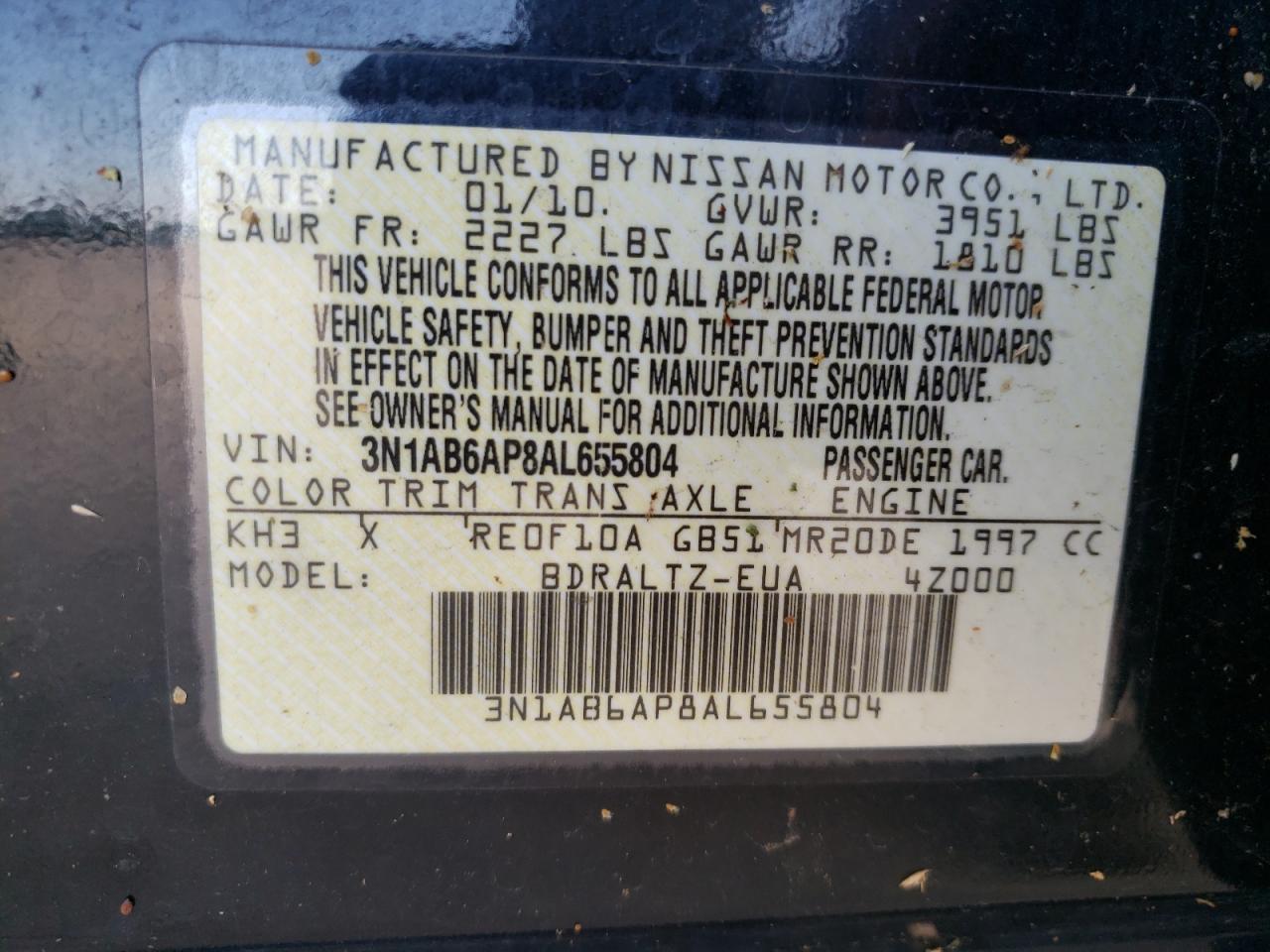 Photo 10 from auction – 2010 NISSAN SENTRA 2.0 with VIN 3N1AB6AP8AL655804