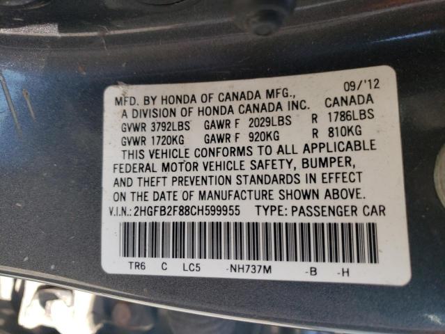 HONDA CIVIC EX 2012 with VIN 2HGFB2F88CH599955 - Photo from auction