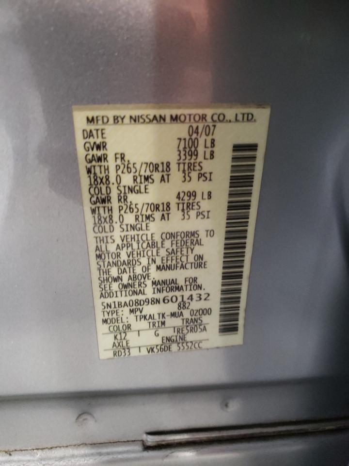 Photo 10 from auction – 2008 NISSAN ARMADA SE with VIN 5N1BA08D98N601432