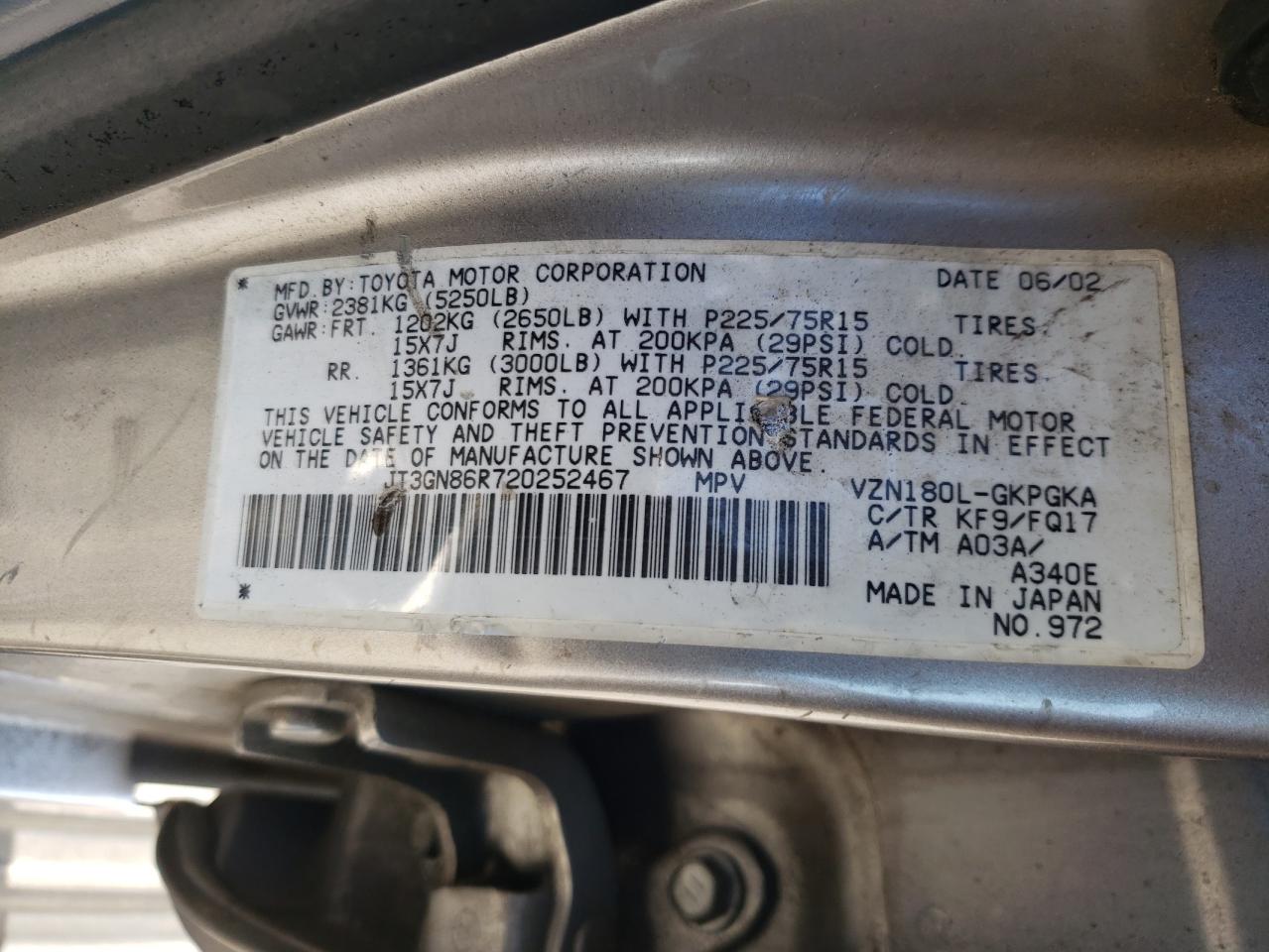 Photo 10 from auction – 2002 TOYOTA 4RUNNER SR with VIN JT3GN86R720252467