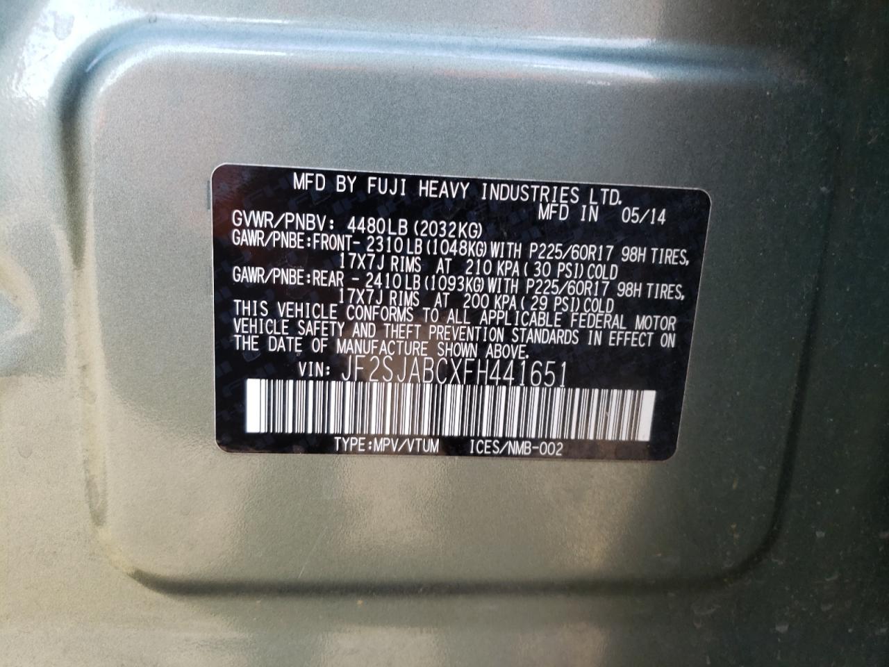 Photo 10 from auction – 2015 SUBARU FORESTER 2 with VIN JF2SJABCXFH441651
