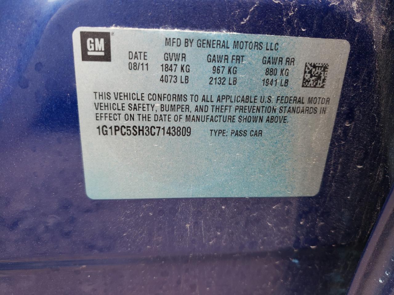 Photo 10 from auction – 2012 CHEVROLET CRUZE LS with VIN 1G1PC5SH3C7143809