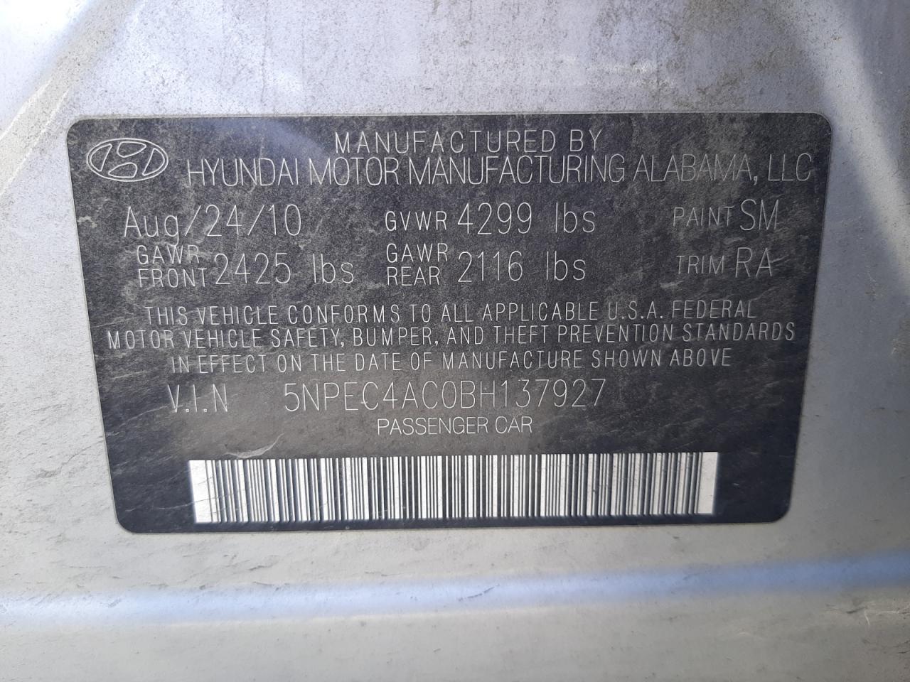 Photo 10 from auction – 2011 HYUNDAI SONATA SE with VIN 5NPEC4AC0BH137927
