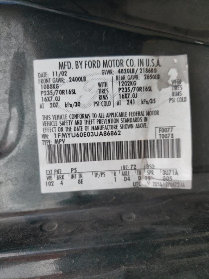 Photo 10 from auction – 2003 FORD EXPLORER S with VIN 1FMYU60E03UA86862