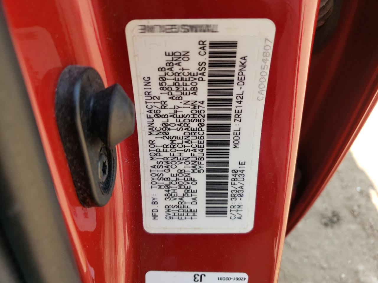 Photo 10 from auction – 2012 TOYOTA COROLLA BA with VIN 5YFBU4EE6CP052574