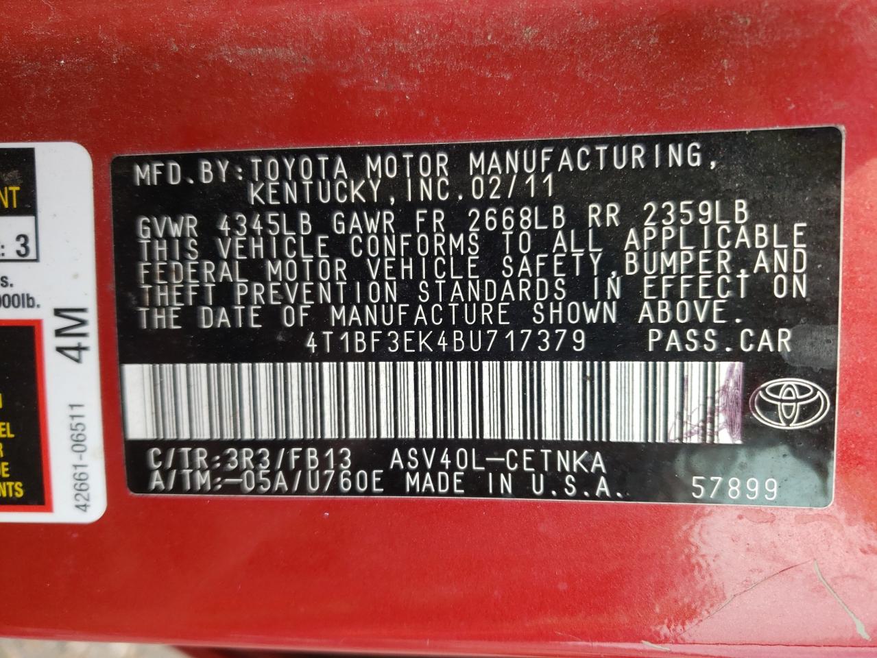 Photo 10 from auction – 2011 TOYOTA CAMRY BASE with VIN 4T1BF3EK4BU717379