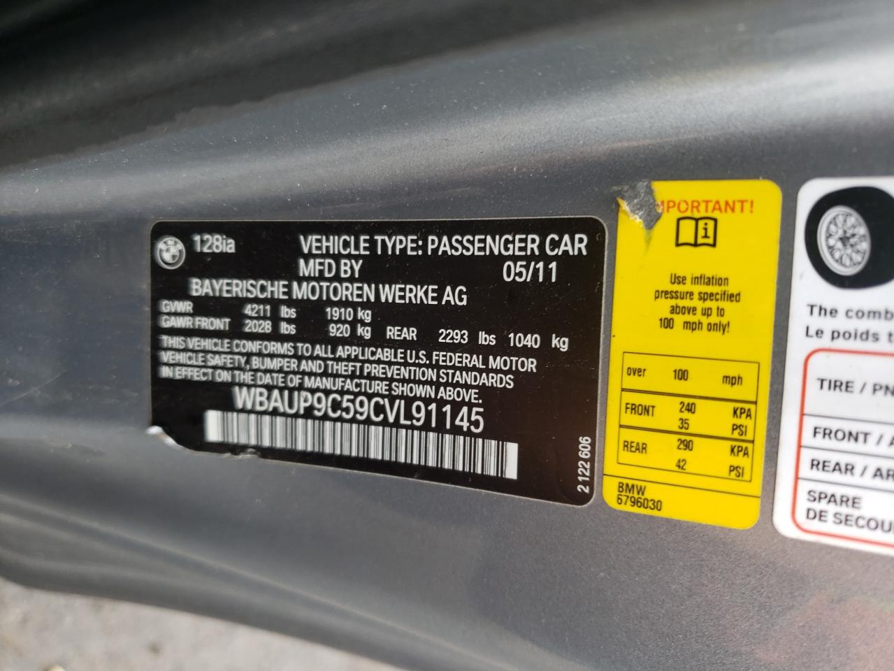 Photo 10 from auction – 2012 BMW 128 I with VIN WBAUP9C59CVL91145