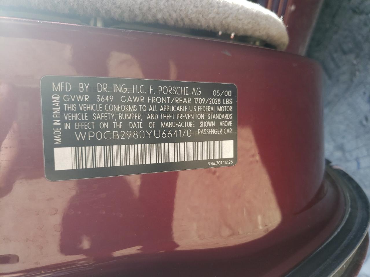 Photo 10 from auction – 2000 PORSCHE BOXSTER S with VIN WP0CB2980YU664170