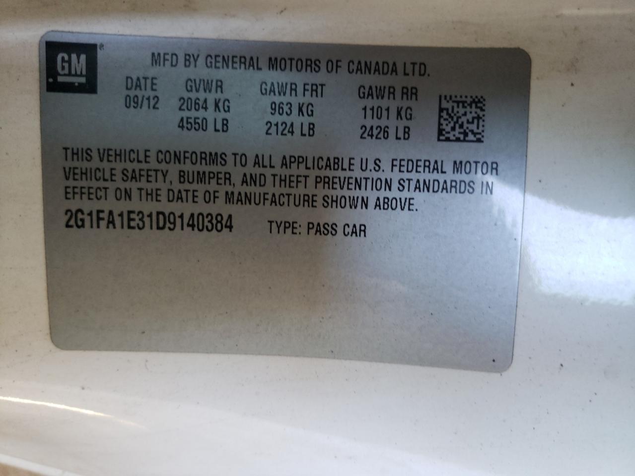 Photo 10 from auction – 2013 CHEVROLET CAMARO LS with VIN 2G1FA1E31D9140384