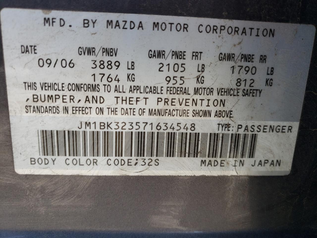 Photo 10 from auction – 2007 MAZDA 3 S with VIN JM1BK323571634548