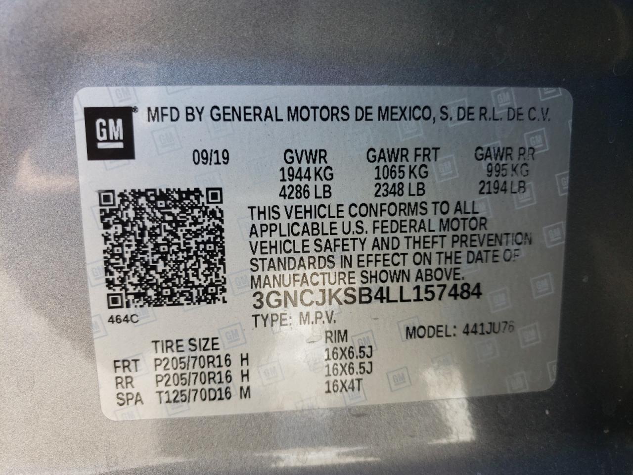 Photo 10 from auction – 2020 CHEVROLET TRAX LS with VIN 3GNCJKSB4LL157484