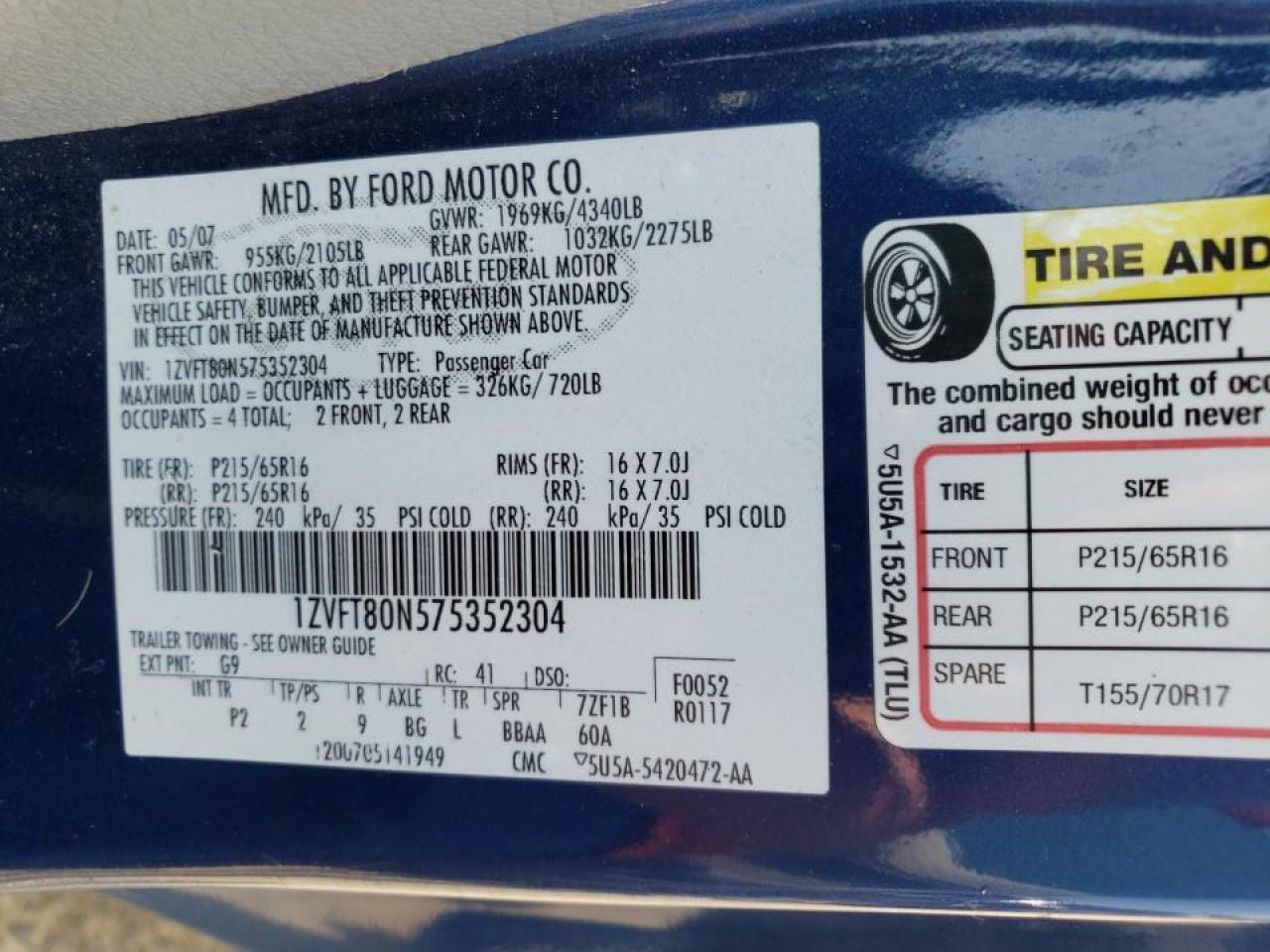 Photo 10 from auction – 2007 FORD MUSTANG with VIN 1ZVFT80N575352304