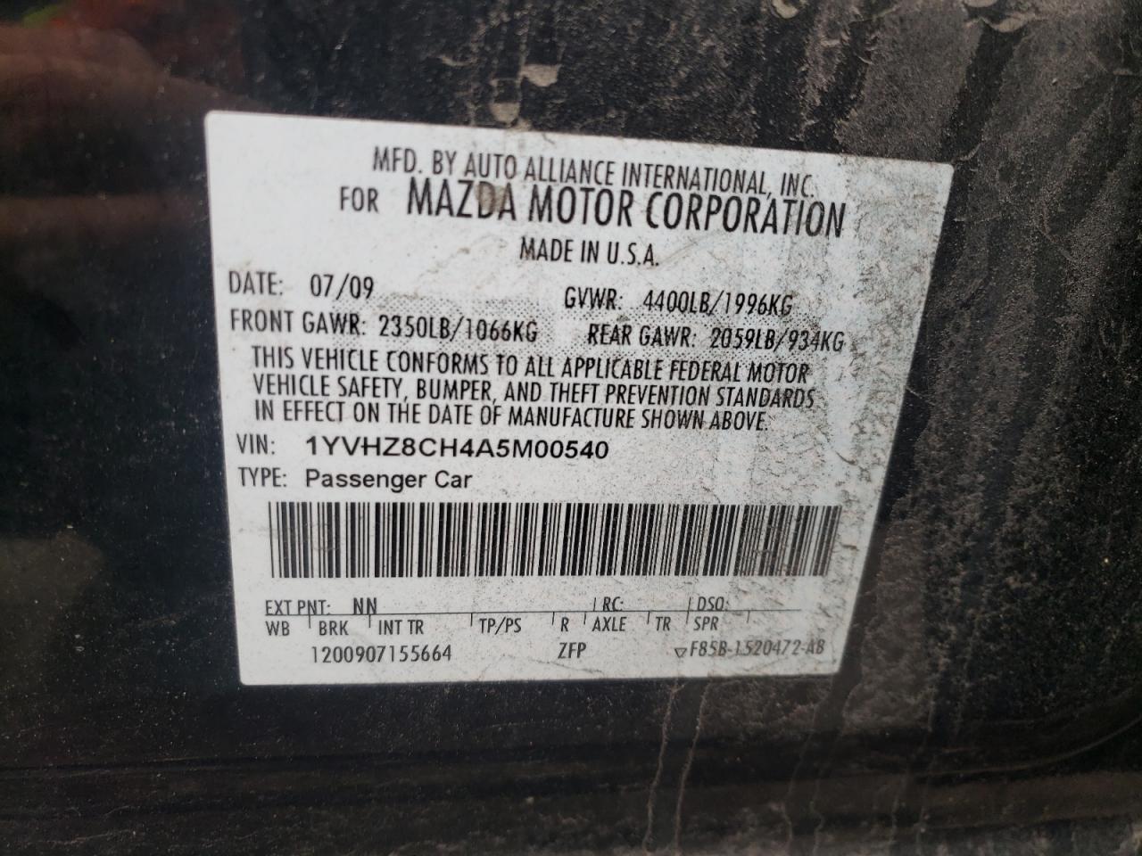 Photo 11 from auction – 2010 MAZDA 6 I with VIN 1YVHZ8CH4A5M00540