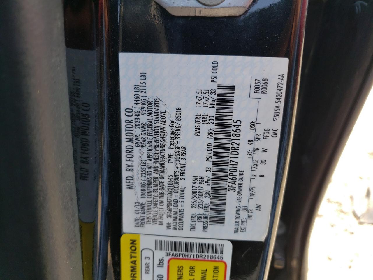 Photo 10 from auction – 2013 FORD FUSION SE with VIN 3FA6P0H71DR218645