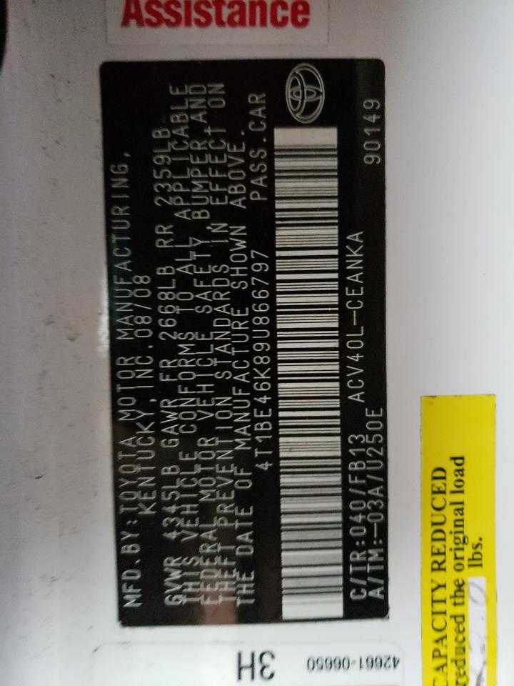 Photo 10 from auction – 2009 TOYOTA CAMRY BASE with VIN 4T1BE46K89U866797