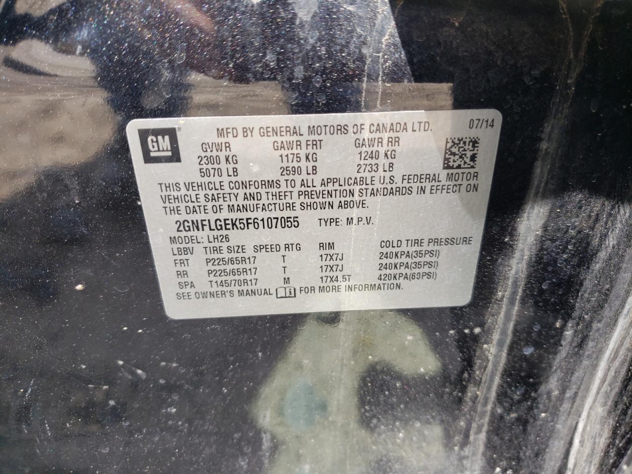 Photo 10 from auction – 2015 CHEVROLET EQUINOX LT with VIN 2GNFLGEK5F6107055