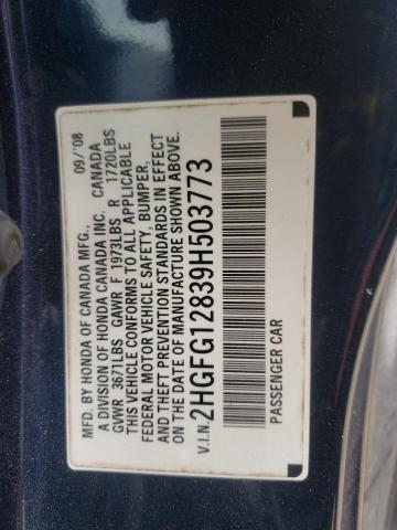 HONDA CIVIC EX 2009 with VIN 2HGFG12839H503773 - Photo from auction