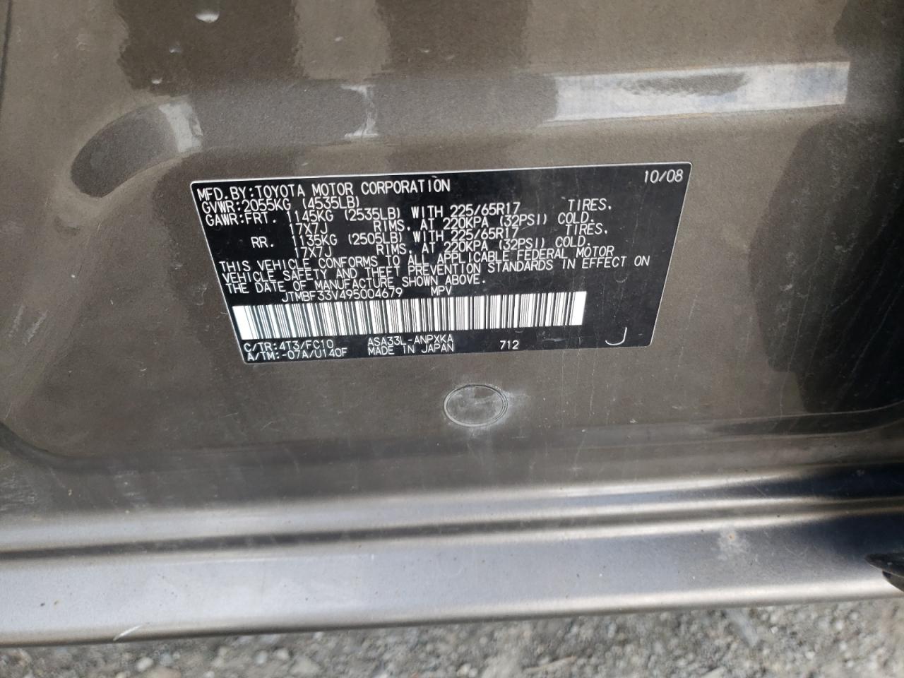 Photo 10 from auction – 2009 TOYOTA RAV4 with VIN JTMBF33V495004679