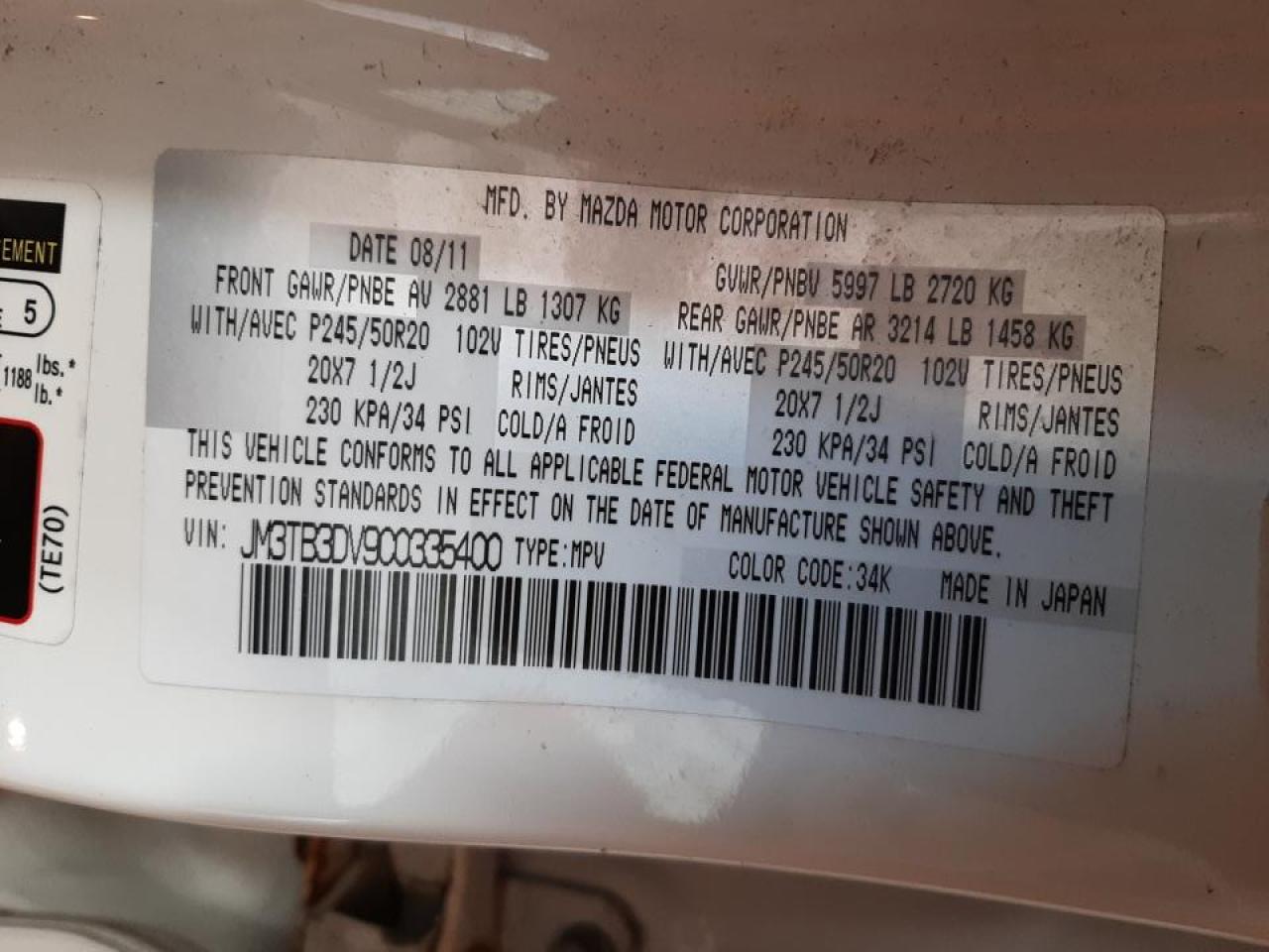 Photo 10 from auction – 2012 MAZDA CX-9 with VIN JM3TB3DV9C0335400