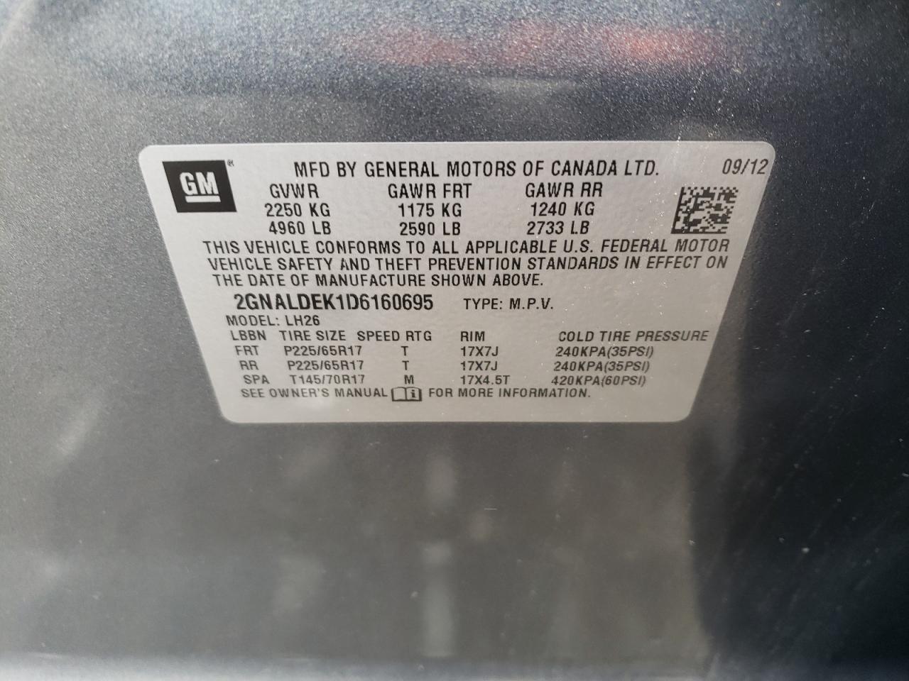Photo 11 from auction – 2013 CHEVROLET EQUINOX LT with VIN 2GNALDEK1D6160695