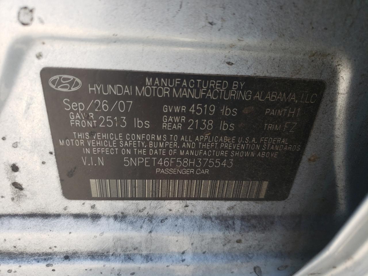 Photo 10 from auction – 2008 HYUNDAI SONATA GLS with VIN 5NPET46F58H375543