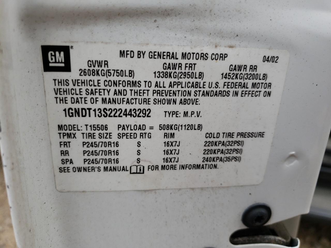 Photo 10 from auction – 2002 CHEVROLET TRAILBLAZE with VIN 1GNDT13S222443292