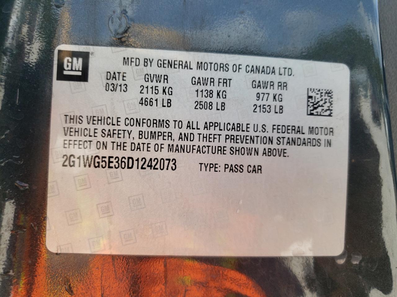 Photo 10 from auction – 2013 CHEVROLET IMPALA LT with VIN 2G1WG5E36D1242073