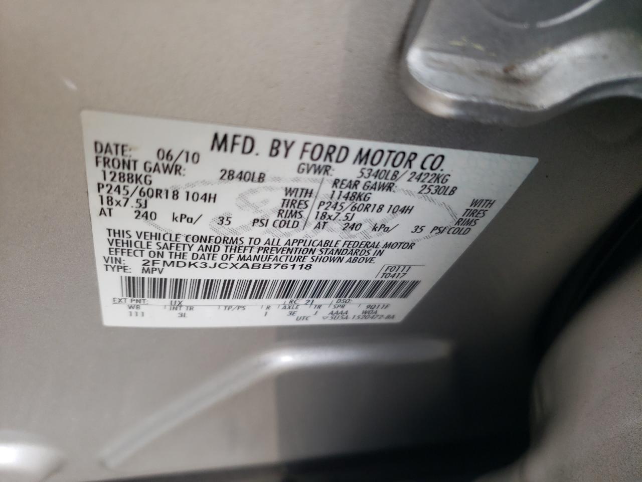 Photo 10 from auction – 2010 FORD EDGE SEL with VIN 2FMDK3JCXABB76118